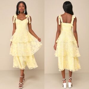 Lulus Glamorous Sweetie Yellow Burnout Tie-Strap Bustier Midi Dress S Wedding